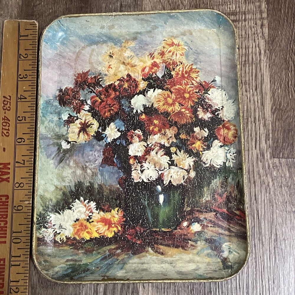 Vintage Distressed Paper Papier Mache Tray Bouquet of Chrysanthemums Flowers